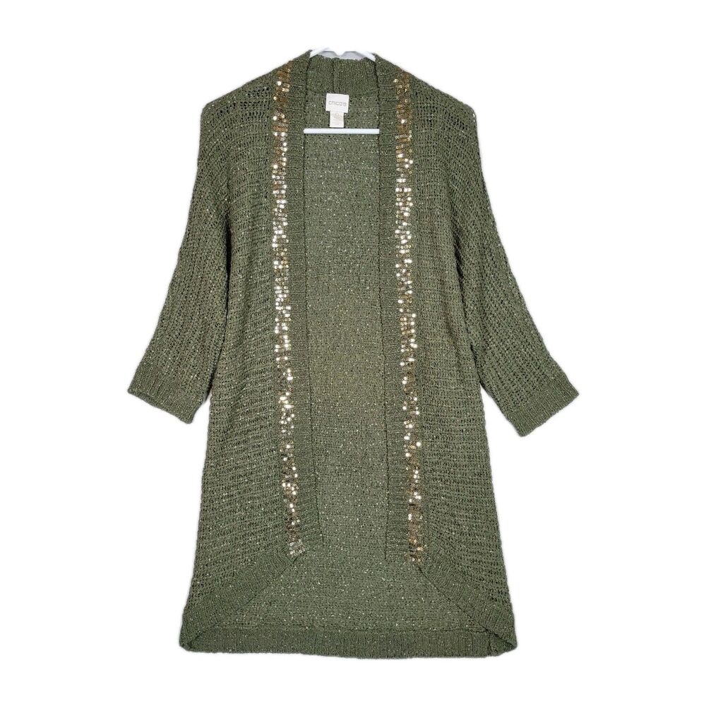 Chicos Sz 0 Small Cardigan Duster Open Front Green W/ Gold Sequins Fairy Grunge